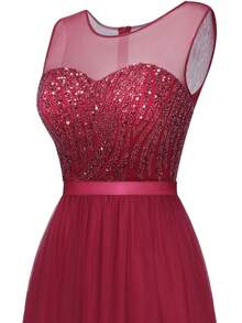 Contrast Sequin Mesh Bridesmaid Dress - Burgundy - View 4