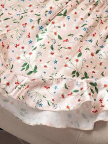 Floral Print Ruffle Hem Satin PJ Set - Apricot - View 3