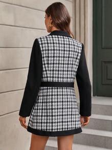 SHEIN Clasi 格紋圖案西裝領粗花呢花呢外套 - 藍白色 - 查看 3