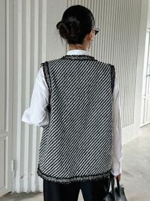DAZY 条纹印花毛边双口袋背心外套（不含衬衫）女式夹克，秋季女装 - 黑色 - 查看 2