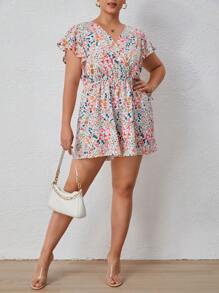 SHEIN Clasi Plus Ditsy Floral Print Butterfly Sleeve Romper