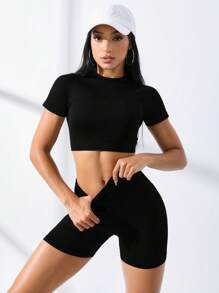 Gameset SHEIN Sport Bộ đồ thể thao tay Raglan trơn màu đen quần short biker tập luyện cho nữ Bộ đồ tập luyện cho nữ Bộ đồ tập gym cho nữ - màu đen - Xem 1