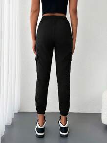 EURMUSE Flap Pocket Side Drawstring Waist Cargo Pants - Black - View 2