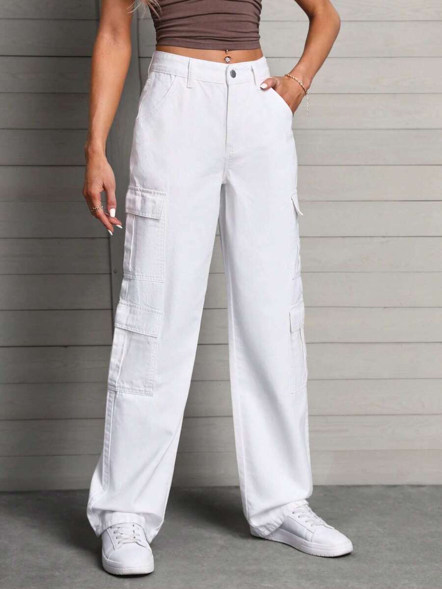 SHEIN Tall Flap Pocket Cargo Jeans - White - View 1