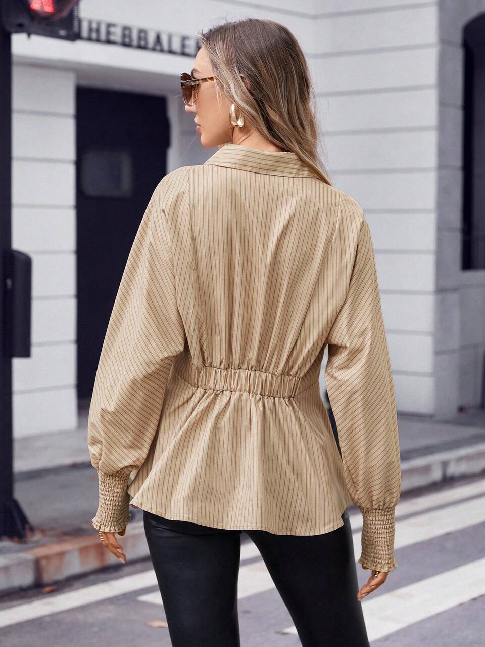 Striped Print Button Front Bishop Sleeve Shirt