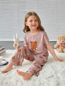 SHEIN Young Girl Bear Print PJ Set - Multicolor - View 4
