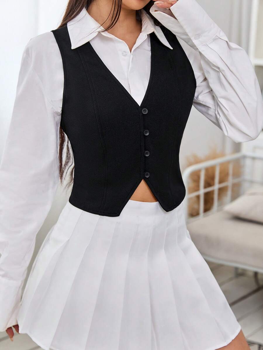 SHEIN EZwear 秋冬款纯色纽扣前开襟马甲（无上衣） - 黑色 - 查看 1