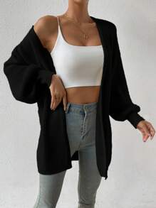 SHEIN LUNE 落肩休闲设计开衫，长袖上衣 - 黑色 - 查看 3