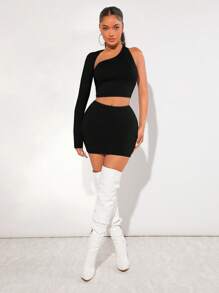 SHEIN SXY Solid One Shoulder Crop Top & Bodycon Skirt
