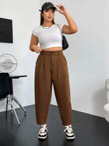 Flirla Plus Plicated Detail Suit Pants - Coffee Brown - View 3