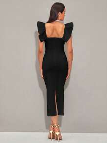 SHEIN BAE Vestido girante delantero ribete con fruncido con abertura con abertura trasera - Negro - Ver 3