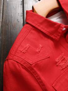 Manfinity Homme Men Ripped Flap Pocket Denim Shirt Without Tee - Red - View 3