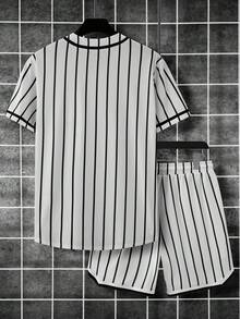 Manfinity Campus Court 男士條紋印花襯衫&短褲 - 黑與白 - 查看 2