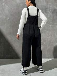 SHEIN EZwear Plus Dual Pocket Corduroy Overall Jumpsuit Without Tee - Black - View 2