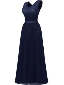Lace Insert V Neck Maxi Party Dress - Navy Blue - View 7