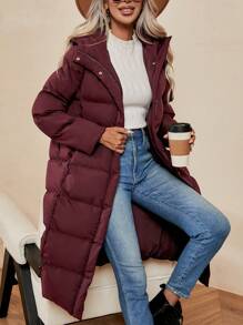 SHEIN LUNE Slant Pocket Hooded Padded Coat - Burgundy - View 3
