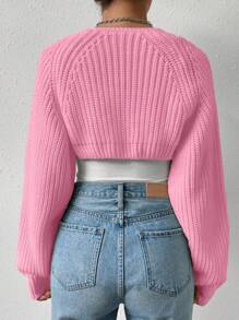 SHEIN EZwear Solid Ribbed Knit Shrug Pink Cardigan,Long Sleeve Tops In Fall/Winter - Coral Pink - View 2