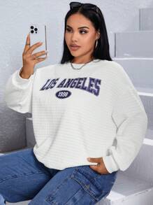 SHEIN EZwear 大碼字母圖案落肩運動衫 - 白色 - 查看 7