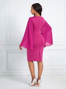 SHEIN Lady Flare Sleeve Split Back Solid Dress - Hot Pink - View 2
