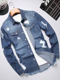 Manfinity Homme Men Ripped Frayed Raw Hem Denim Shirt Without Tee, Oversize Long Sleeve Button Up Blue  Rapper Denim Shirt