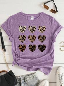 SHEIN Young Girl Leopard & Heart Print Tee - Mauve Purple - View 1