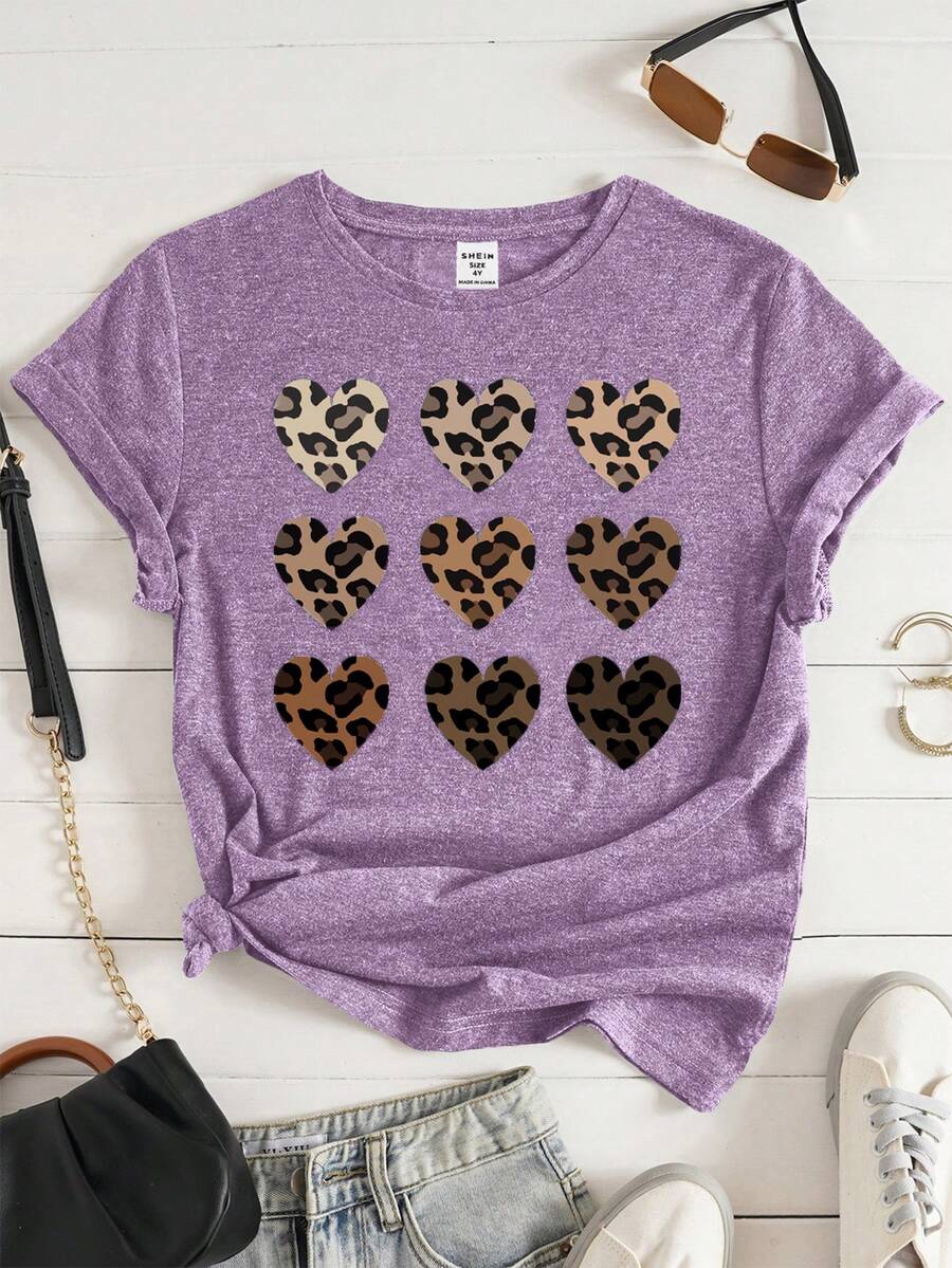 SHEIN Young Girl Leopard & Heart Print Tee - Mauve Purple - View 1