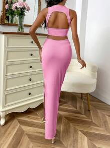 SHEIN Privé Cắt ra Tách đùi Không lưng Đầm - Hồng - Xem 2