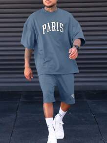 Manfinity Homme Men Plus Letter Graphic Drop Shoulder Tee & Shorts - Dusty Blue - View 1
