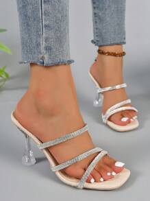 Của phụ nữ Đúng mốt Chóp giầy hình vuông , Chóp giầy mở ra , Đồ trang trí Rhinestone Dây đeo , Trong suốt Giày cao gót , Dao găm nhỏ Gót chân , Mùa hè Dép xăng đan - Màu be - Xem 6