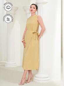 Modelyn 素色側繫帶圍裹連衣裙 - 黃色 - 查看 1