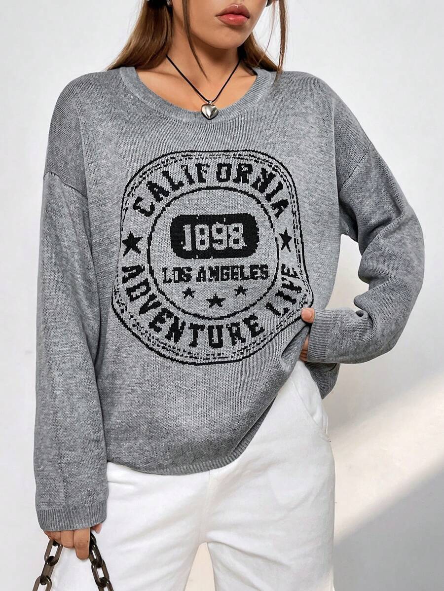 SHEIN EZwear Mẫu chữ Thả vai Áo len - Màu xám đen - Xem 1