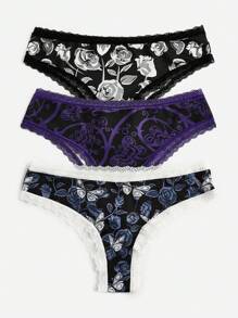 Corpse Bride | ROMWE 3pack Floral Print Contrast Lace Thong Set - Multicolor - View 2