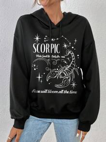 SHEIN EZwear Slogan Graphic Drop Shoulder Drawstring Hoodie - Black - View 3