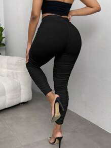 SHEIN SXY 净色褶饰紧身裤 - 黑色 - 查看 4