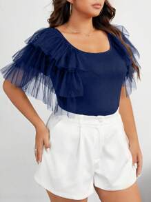 Celure 大碼網紗拼接荷葉邊T恤 - 藍色 - 查看 5