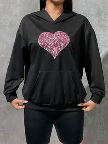 SHEIN EZwear Áo nỉ cỡ lớn in hình trái tim, túi kangaroo, vai rớt - màu đen - Xem 3