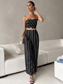 SHEIN Privé 條紋印花抹胸上衣&闊腿褲 - 黑色 - 查看 4