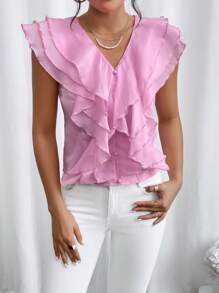 SHEIN Privé 荷葉邊前紐扣襯衫 - 淺粉色 - 查看 3