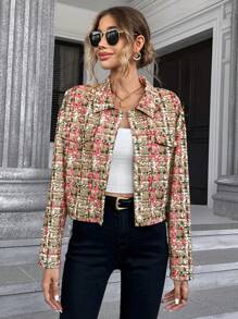SHEIN Privé In kẻ sọc Thả vai Nút phía trước Tweed Áo khoác - Nhiều màu - Xem 5