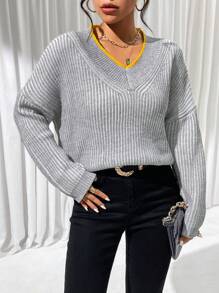 Chiquease Contrast Binding Drop Shoulder Ribbed Knit Pullover Fall Winter Sweater - Grey - View 3