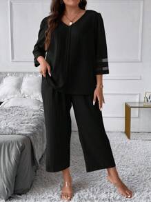 SHEIN LUNE Hơn Lưới tương phản Áo sơ mi & Dây thắt lưng Quần - màu đen - Xem 5