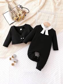 女嬰素色夾克&拼接領連身褲 - 黑色 - 查看 1