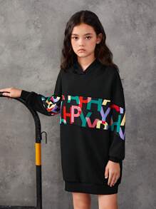 SHEIN Áo nỉ dài tay rộng rãi dành cho bé gái tuổi teen, in chữ nhiều màu sắc. - màu đen - Xem 5