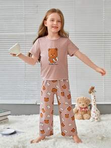 SHEIN Young Girl Bear Print PJ Set - Multicolor - View 3