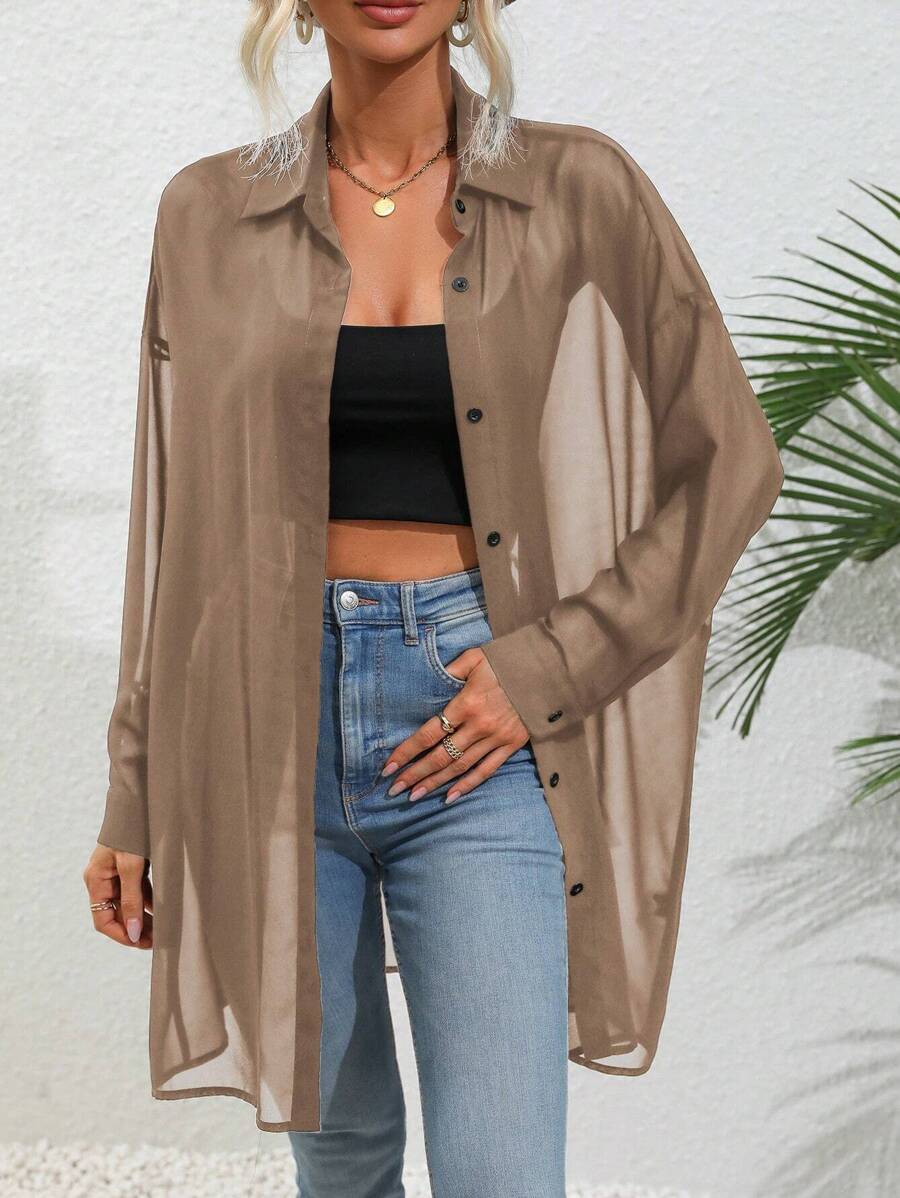SHEIN LUNE Drop Shoulder Button Front Sheer Shirt Fall Cloth For Women - Khaki - View 1