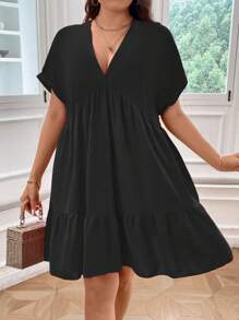 SHEIN Franclia Talla grande Vestido smock de manga murciélago bajo con fruncido - Negro - Ver 4