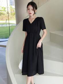 Solid V Neck Puff Sleeve Dress - Black - View 5