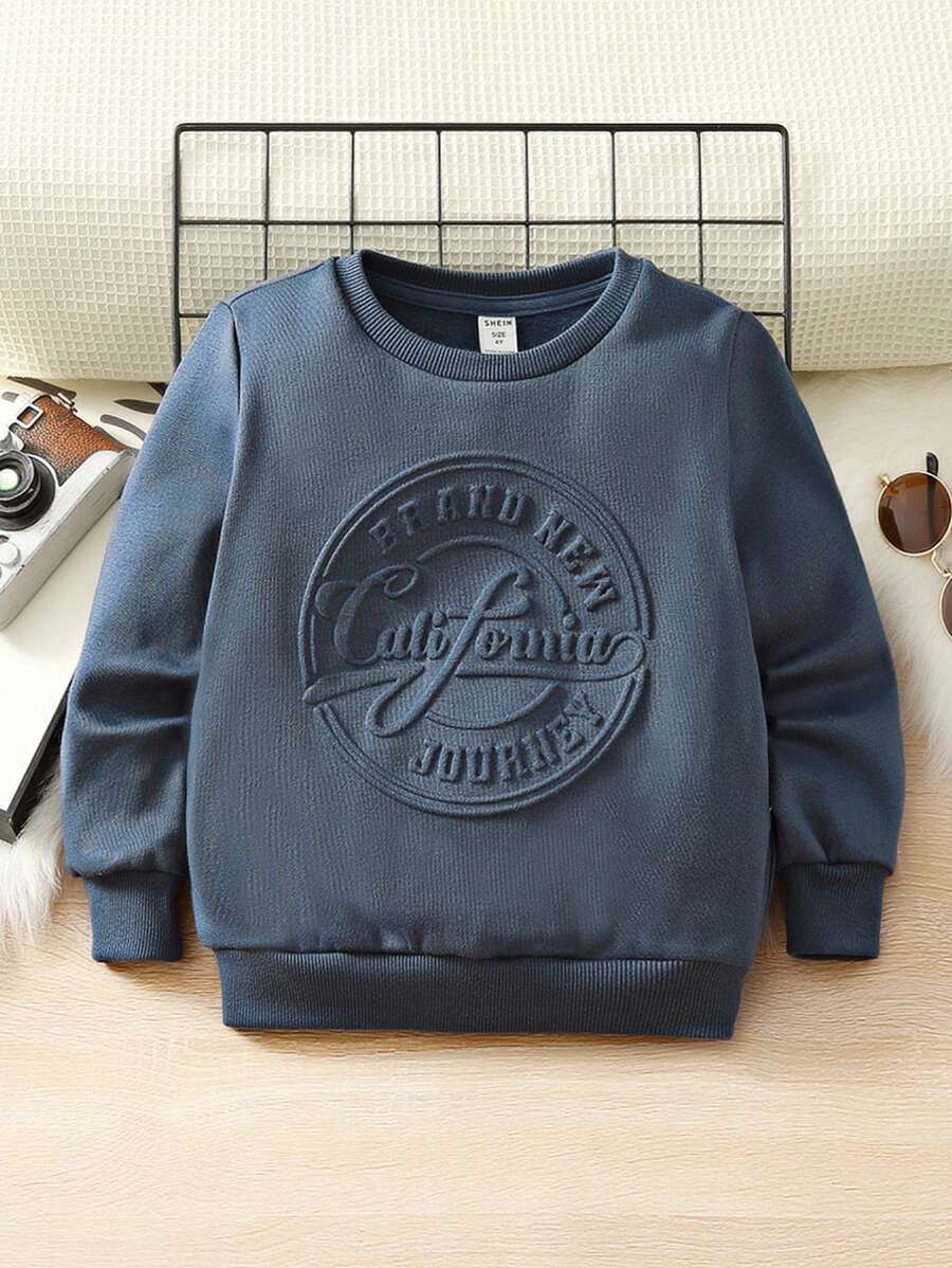 SHEIN 純色長袖休閒字母壓紋運動衫,適合小男孩秋冬穿著,女孩款 - 藏蓝色 - 查看 1