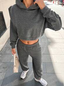 EURMUSE Solid Crop Hoodie & Sweatpants - Dark Grey - View 4