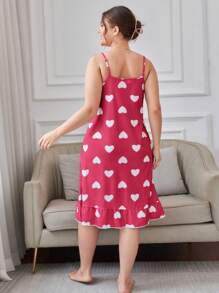 Plus Allover Heart Print Cami Night Dress With Eye Cover - Rose Red - View 2